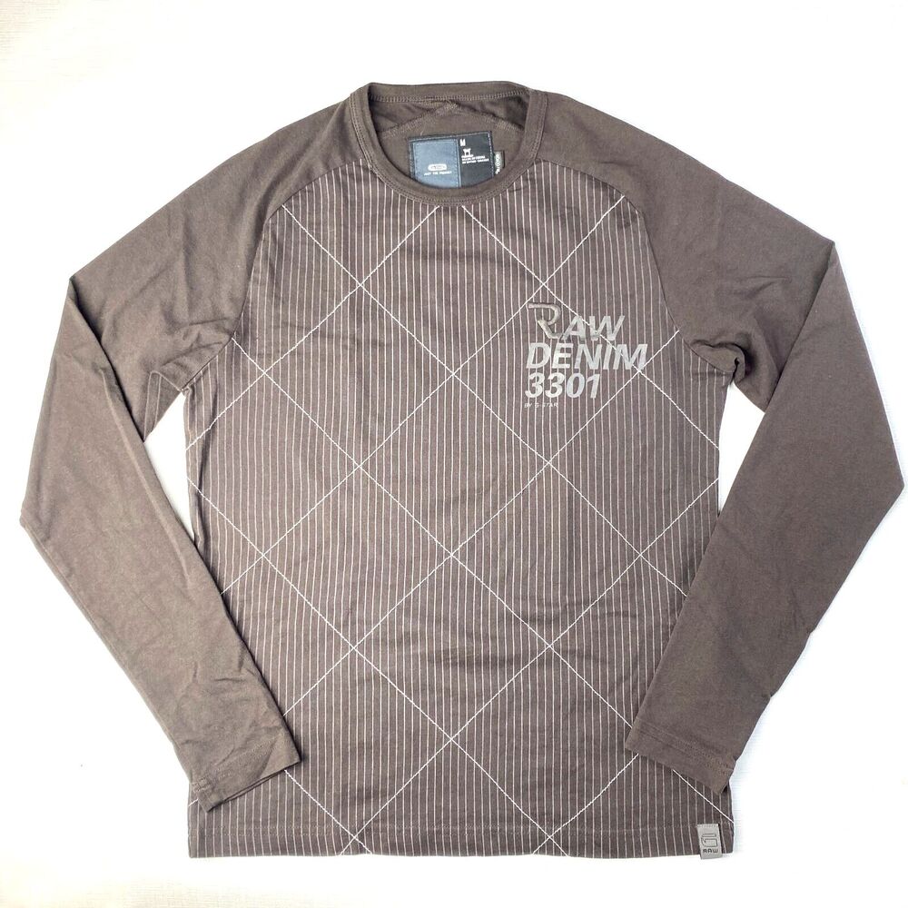G-Star Raw Denim BROWN PINSTRIPED Long Sleeve RAGLAN Tshirt! Size Medium